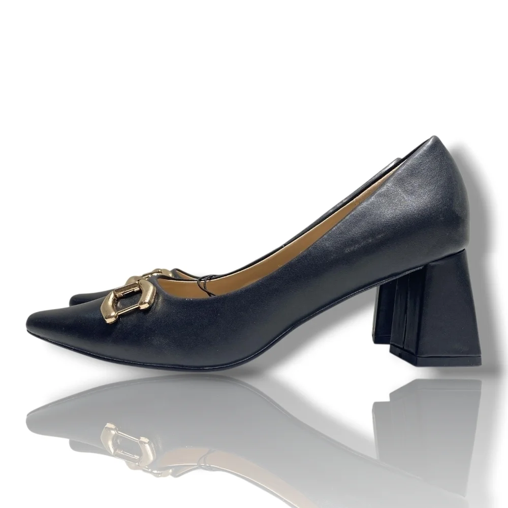 Jessica Carlyle LENORA Leather Business Navy Blue Heels with Gold Buckle NWOT - Picture 5 of 7